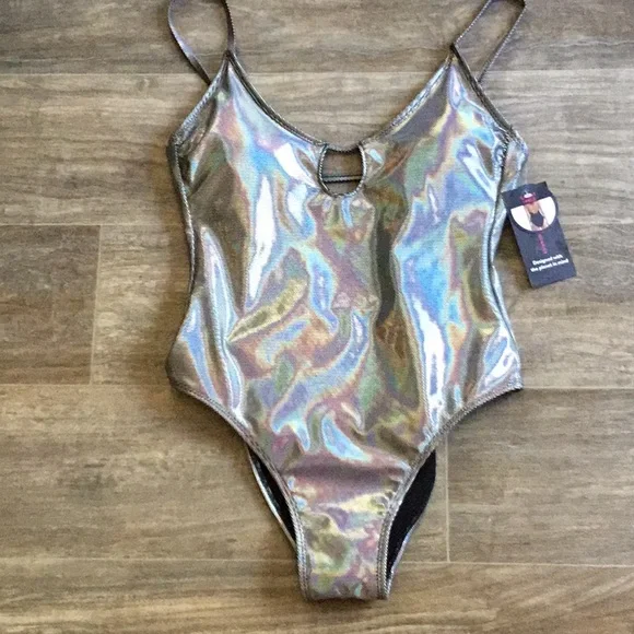 NWT Silver Holographic One-Piece Swimsuit - Picture 1 of 8